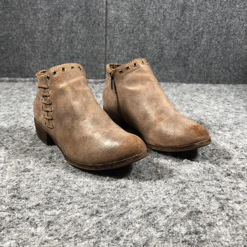 Minnetonka Womens 8‎ Brown Leather Studded Ankle Boots Zip Block Heel